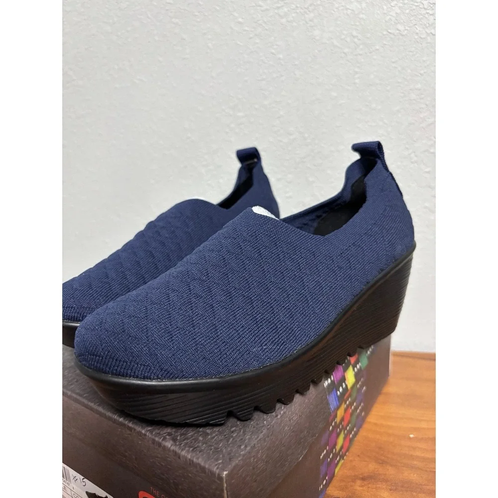 Bernie Mev Gem X Navy Blue Knit Wedge Slip On Sneakers Size 37 US 6-6.5 NEW